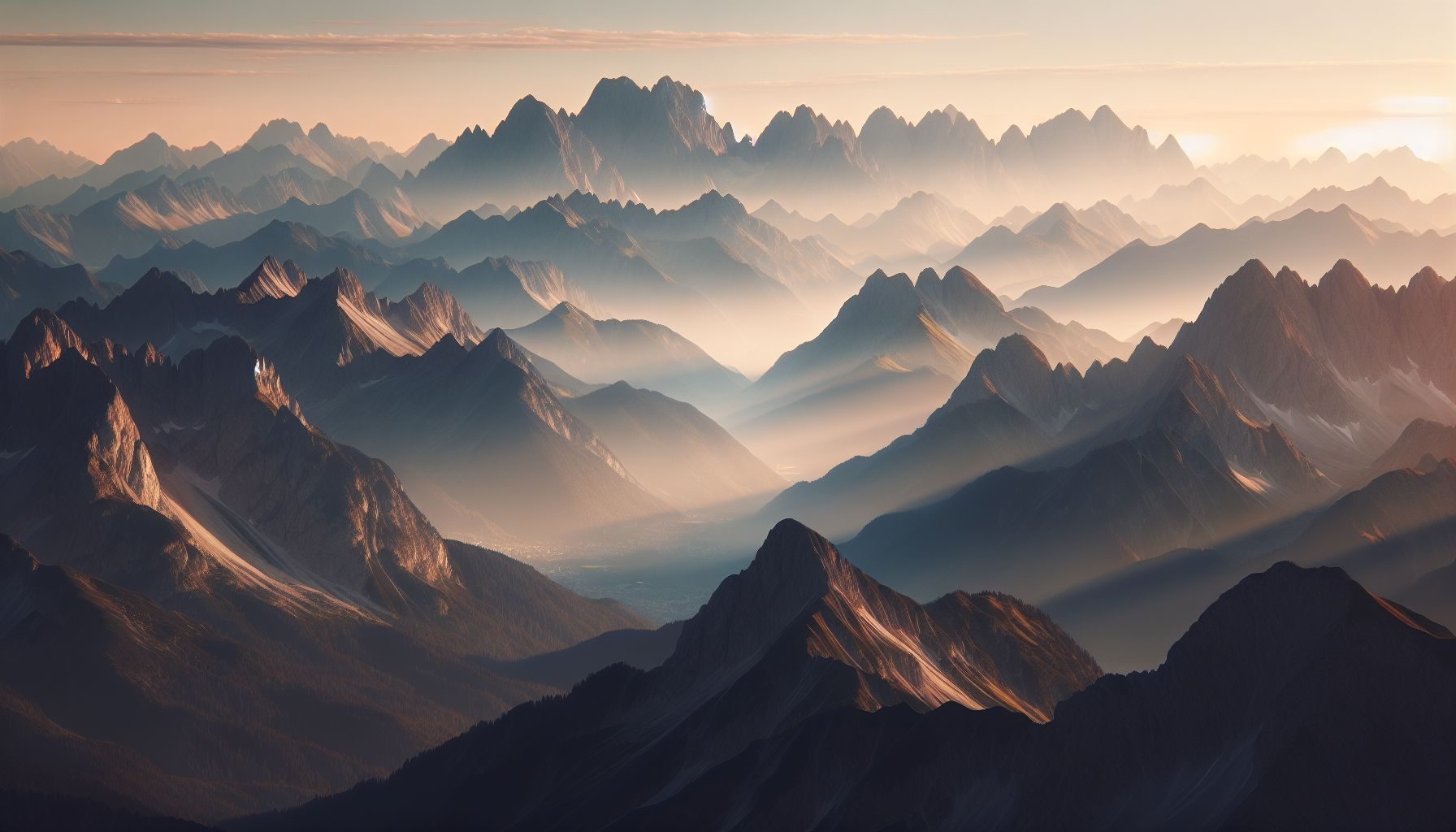 Uma vista panorâmica de majestosas cadeias de montanhas alpinas em Tirol, Áustria, com picos suaves destacados pela luz da manhã.