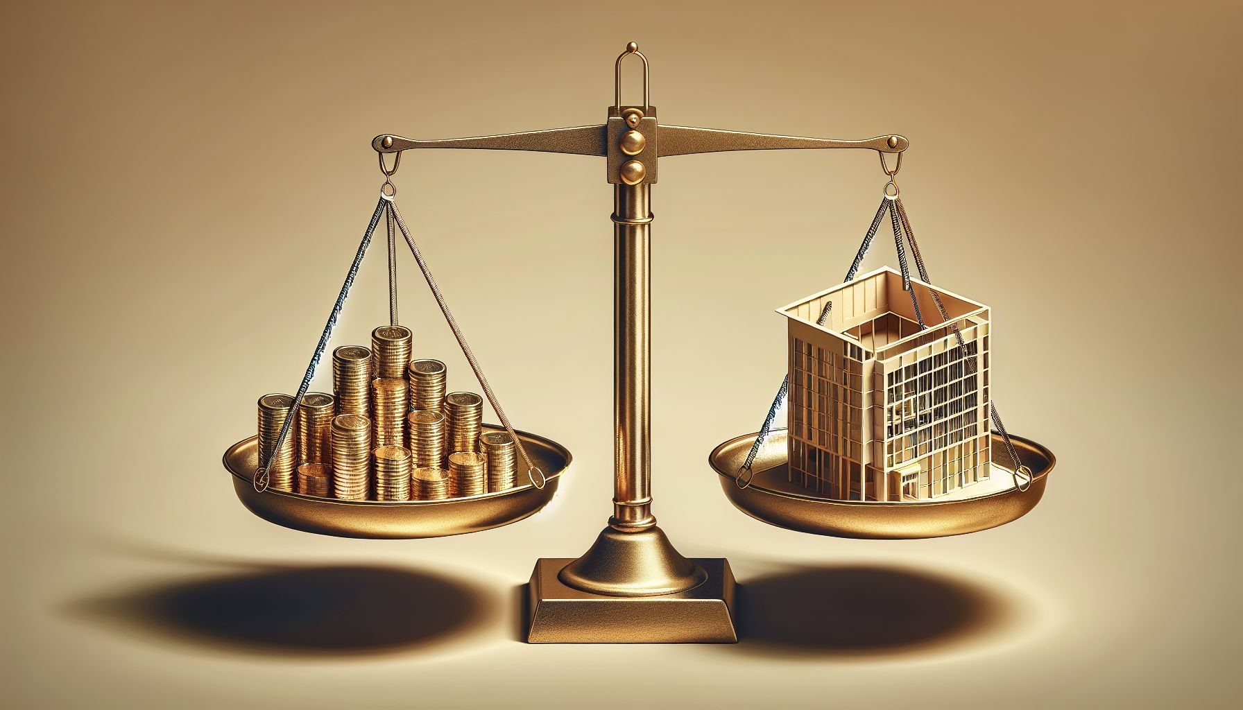 Una imagen conceptual de una balanza con monedas en un lado y un edificio de negocios en el otro, simbolizando el equilibrio de Dinamarca entre el crecimiento empresarial y la tributación.