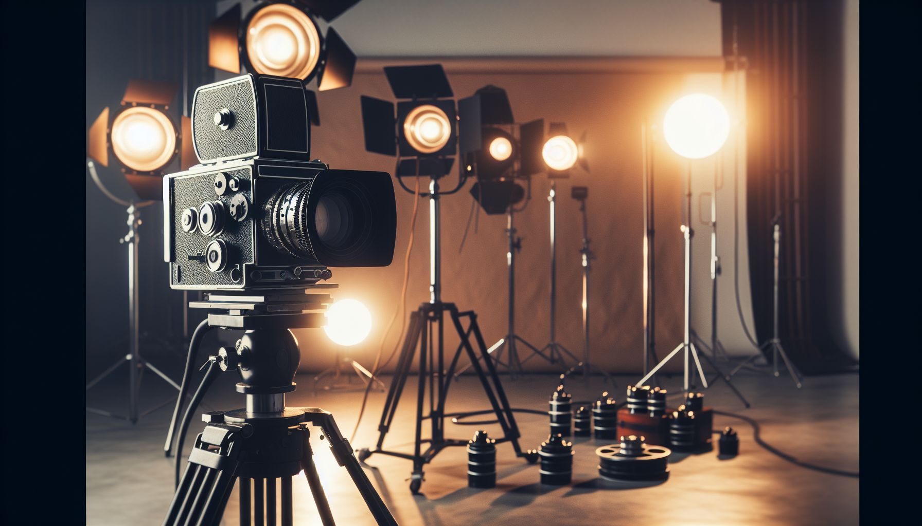 Uma série de equipamentos de filmagem de alta qualidade meticulosamente organizados em uma mesa de madeira, apresentando várias lentes, uma claquete, um roteiro e uma câmera de filme vintage.