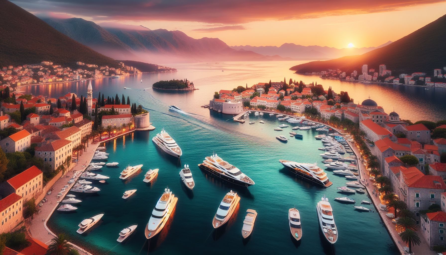 Uma vista panorâmica do porto de Montenegro, repleto de iates luxuosos ao pôr do sol, destacando as águas turquesa cintilantes e a pitoresca costa salpicada de edifícios encantadores.