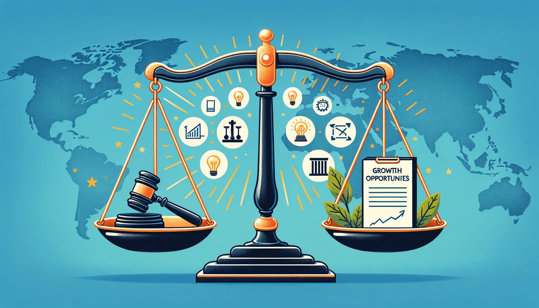 Illustration of a balance scale set against a map of Europe. On one side of the scale, icons representing regulatory changes such as a document and a Gavel.