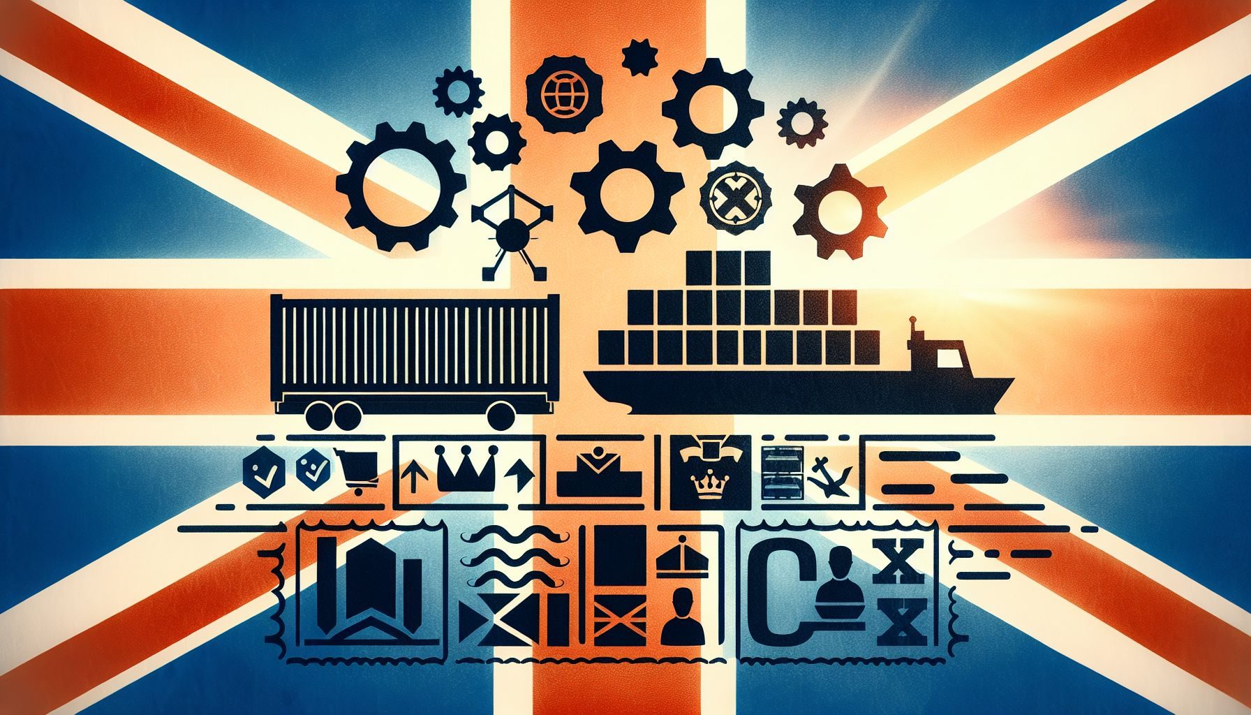 Ein symbolisches Bild, das physische Waren, einen Zollstempel und die britische Flagge zeigt, repräsentativ für den Zollprozess und Importzölle für ausländische Unternehmen, die in das Vereinigte Königreich importieren.".
