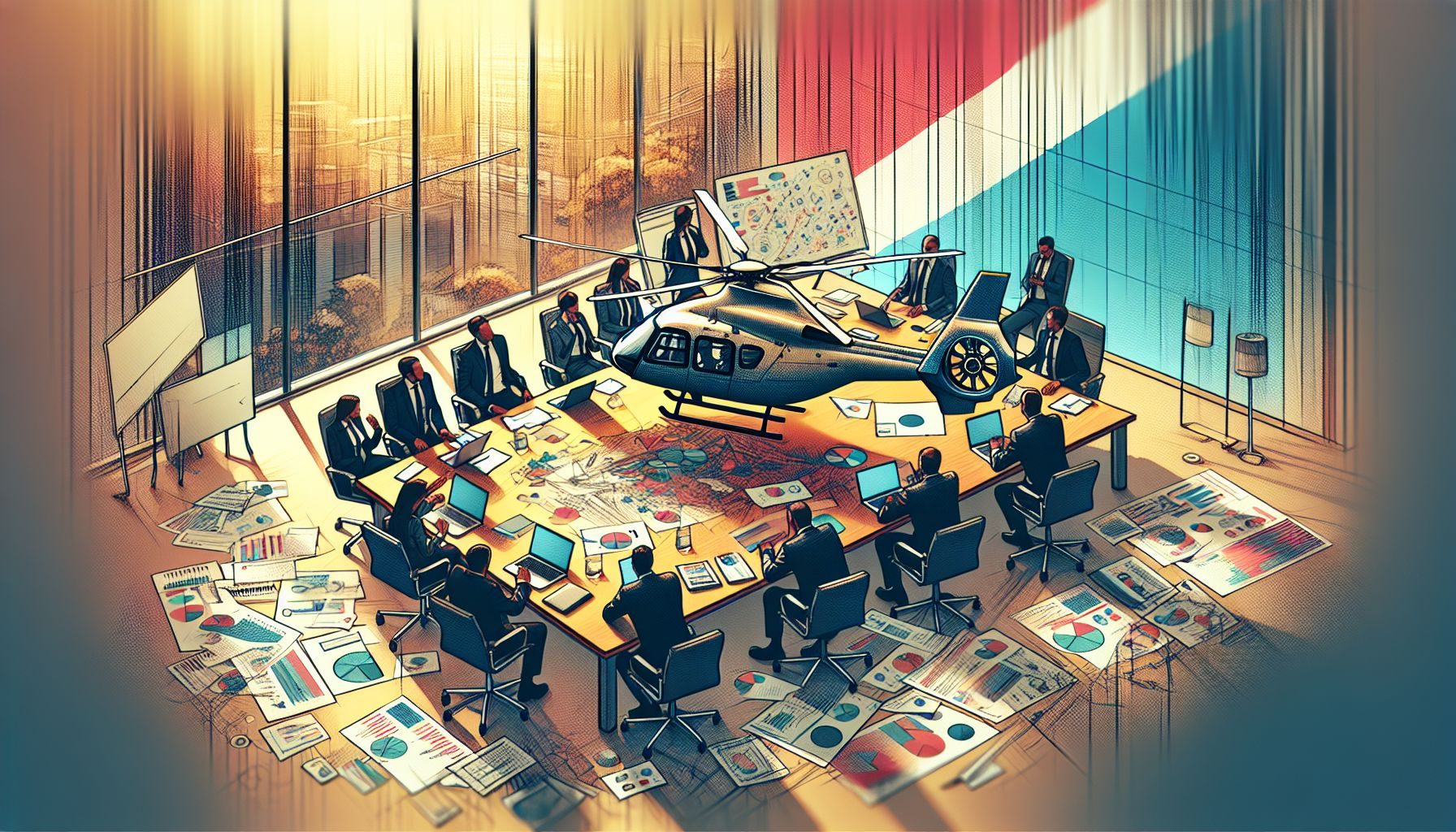 Un gros plan sur la paperasse impliquée dans l'acquisition d'un hélicoptère, mettant en avant les documents réglementaires et les plans financiers, avec une subtile allusion au drapeau du Luxembourg en arrière-plan.