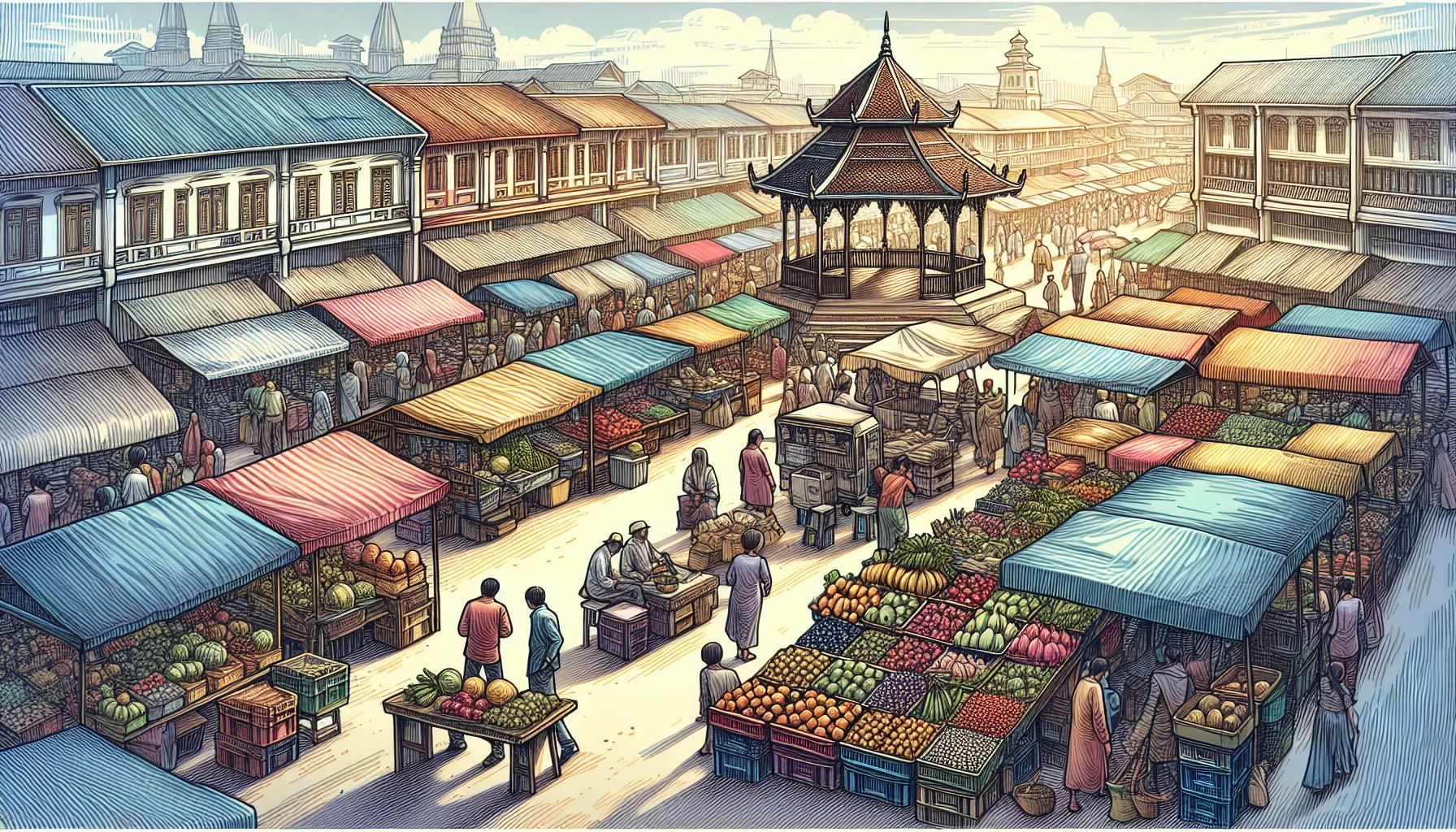 Illustration verschiedener Waren, die unter verschiedenen Mehrwertsteuersätzen kategorisiert sind, wie zum Beispiel ein Korb mit Lebensmitteln, eine Kinokarte und ein Hotelgebäude.