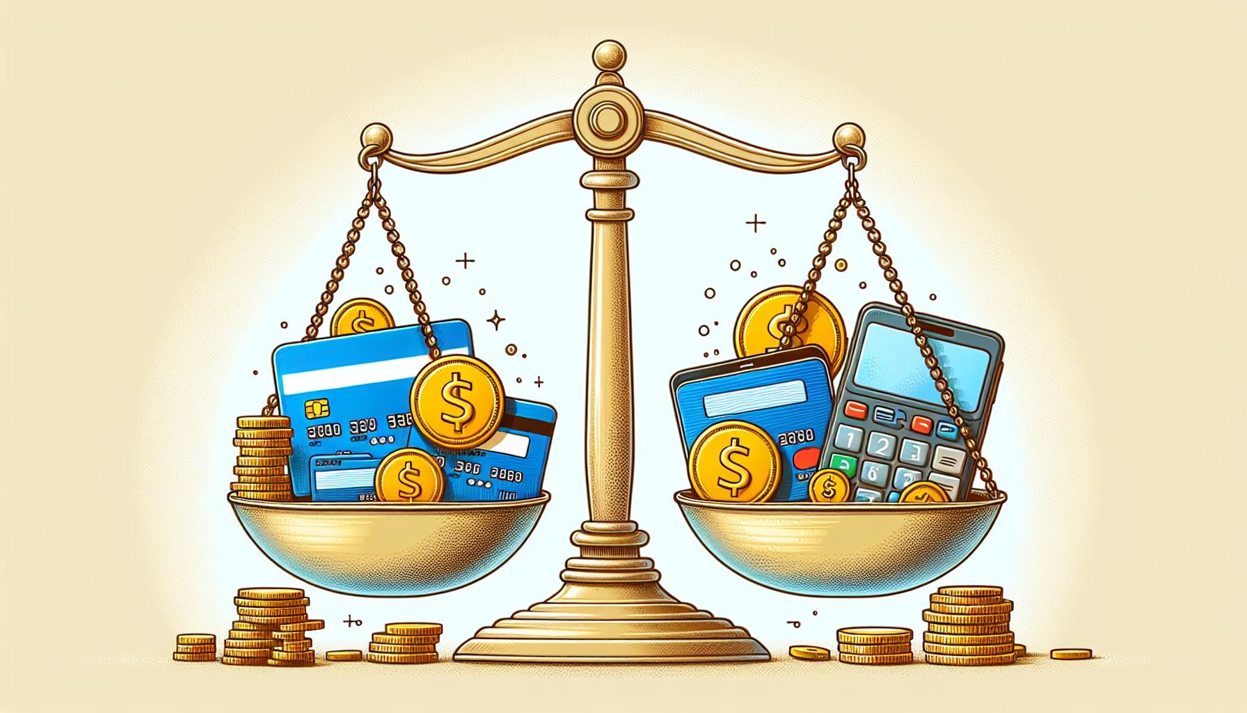 An illustrative scale balancing diverse payment options symbolism - credit cards, digital wallets, and mobile payments - on one side and coins signifying cost efficiency on the other, representing the balance businesses need to strike when choosing payment options for their firm.