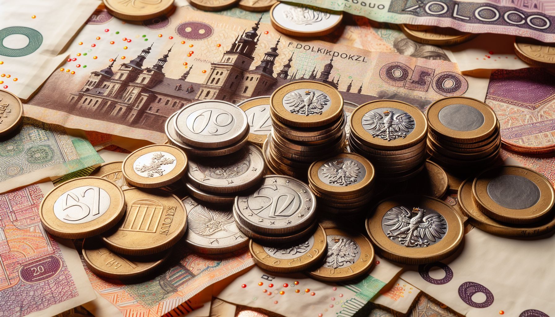 A close-up view of Polish Zloty notes and coins scattered across a plain background, symbolizing the prevalent cash transactions in the country.