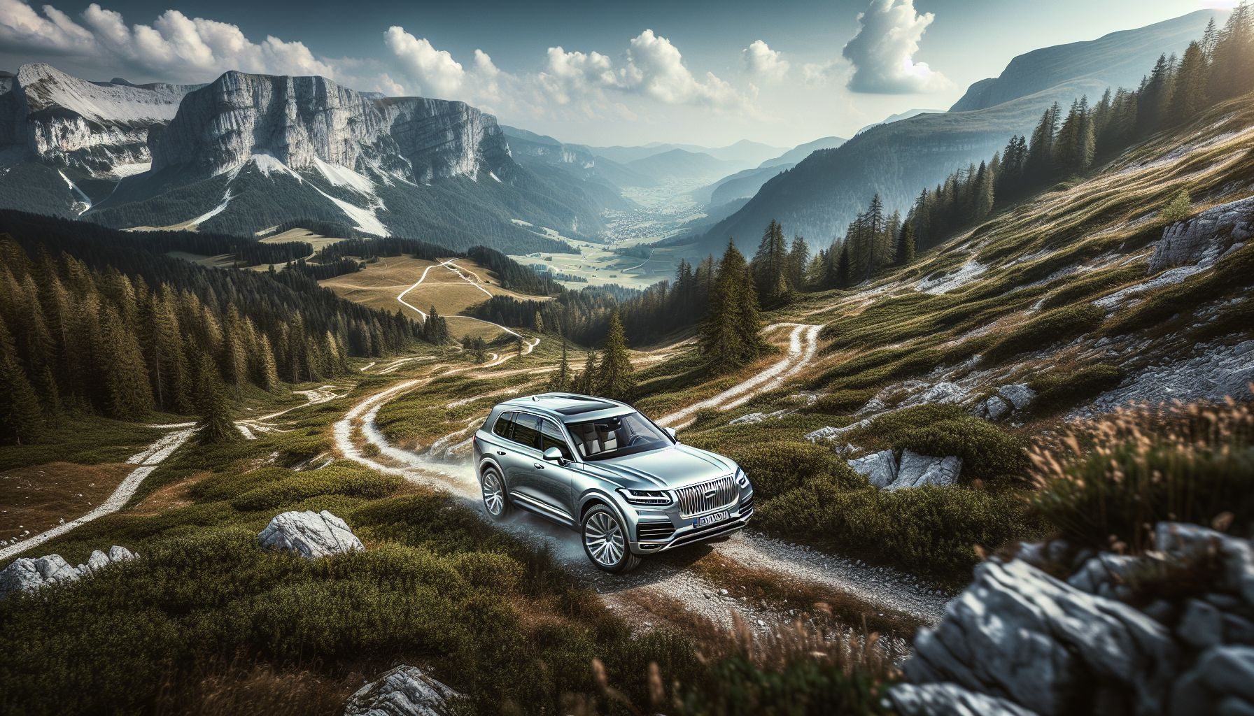 An aerial view of a glossy, silver Range Rover Vogue cruising through a rugged off-road in Slovenia. The photo should capture the formidable power and elegance of the car against the contrasting terrain.