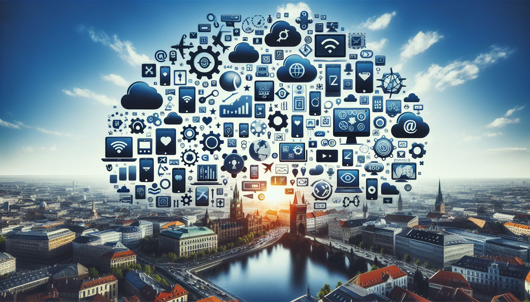 Une disposition d'appareils numériques présentant les logos des meilleurs logiciels européens - Microsoft Office 365, Adobe Creative Cloud, Salesforce, Slack et Google Workspace.