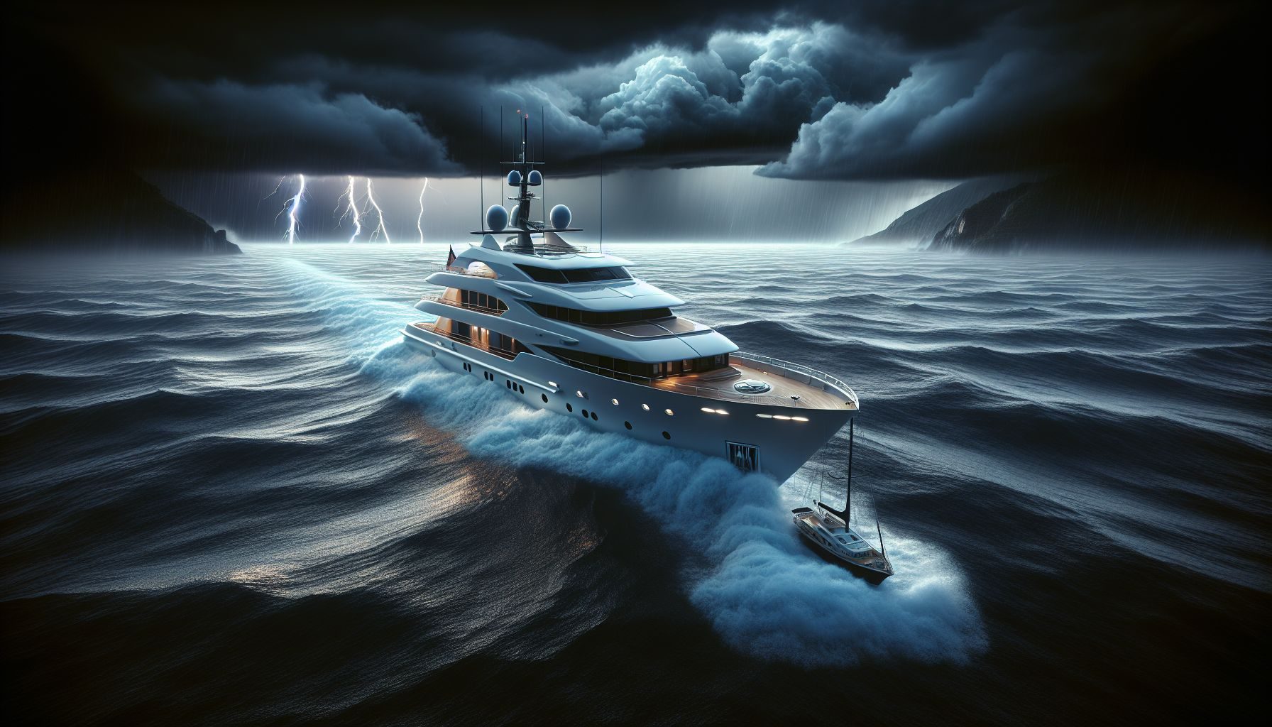 A conceptual image representing yacht insurance, featuring an exquisite yacht safely harbored in a protected bay with stormy seas on the horizon, illustrating the importance of coverage in unexpected situations.