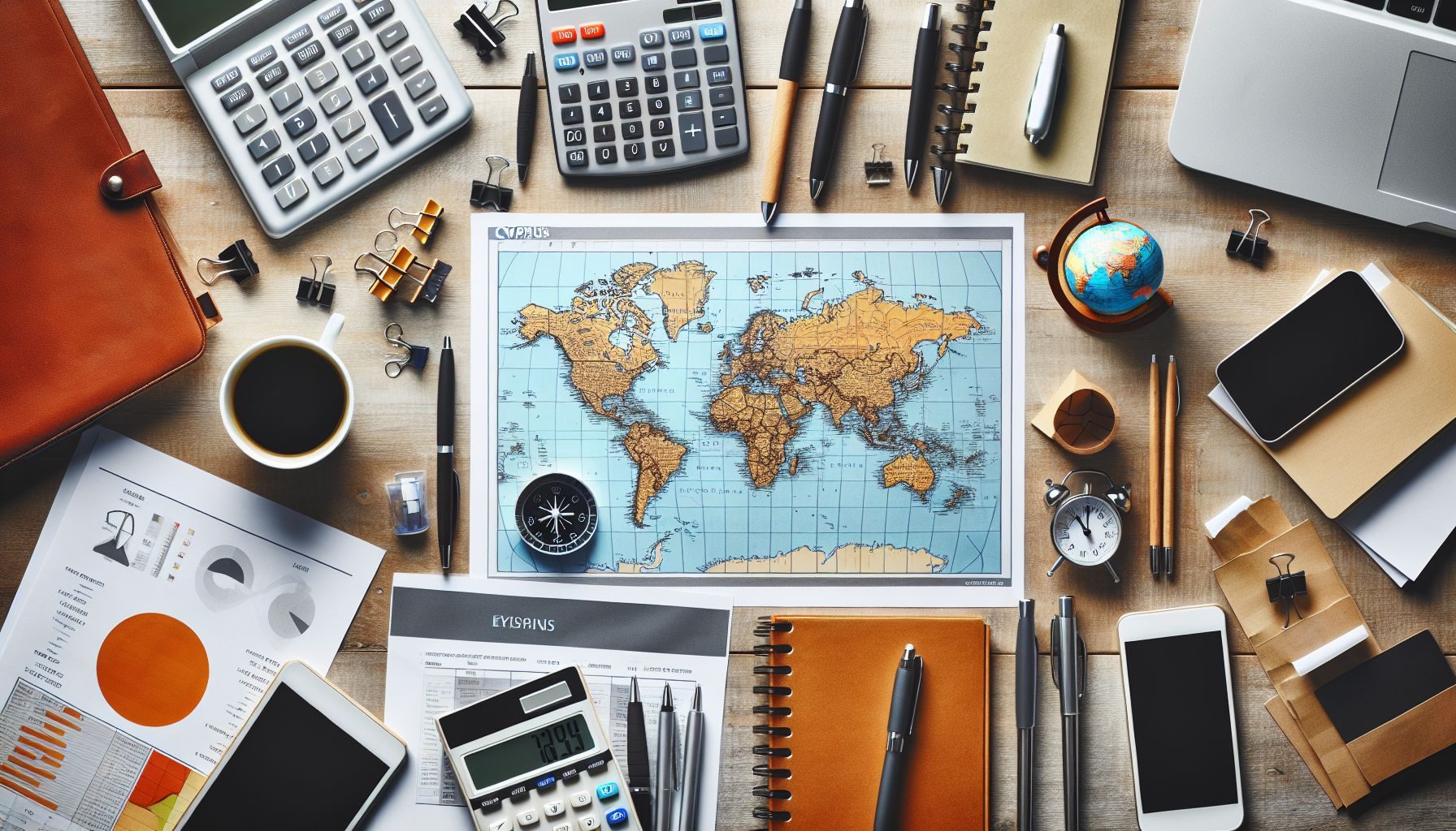 A high-angle view of a wooden desk featuring a global map marked at Cyprus, legal documents related to tax system, and some stationery indicating business planning and strategy.