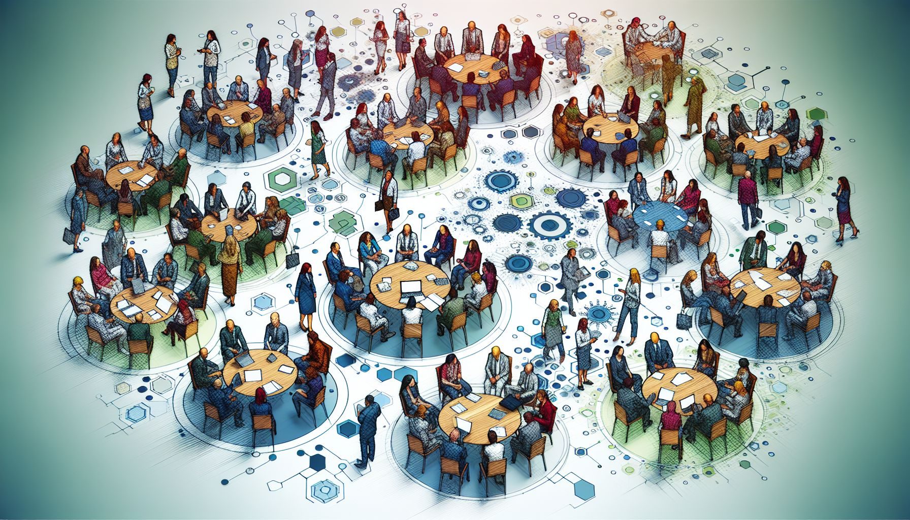An artistic representation of a wide-ranging networking event, showcasing diverse groups of individuals engaged in discussions.