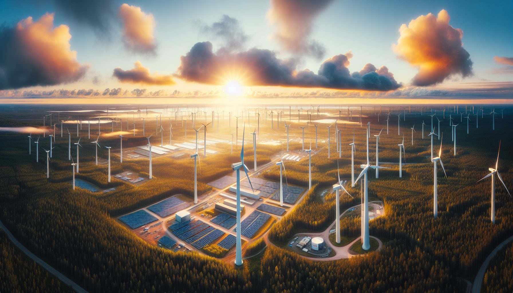 A panoramic shot of Finnish landscape, with a focus on renewable energy sources such as wind turbines and solar panels blending with the natural aura.