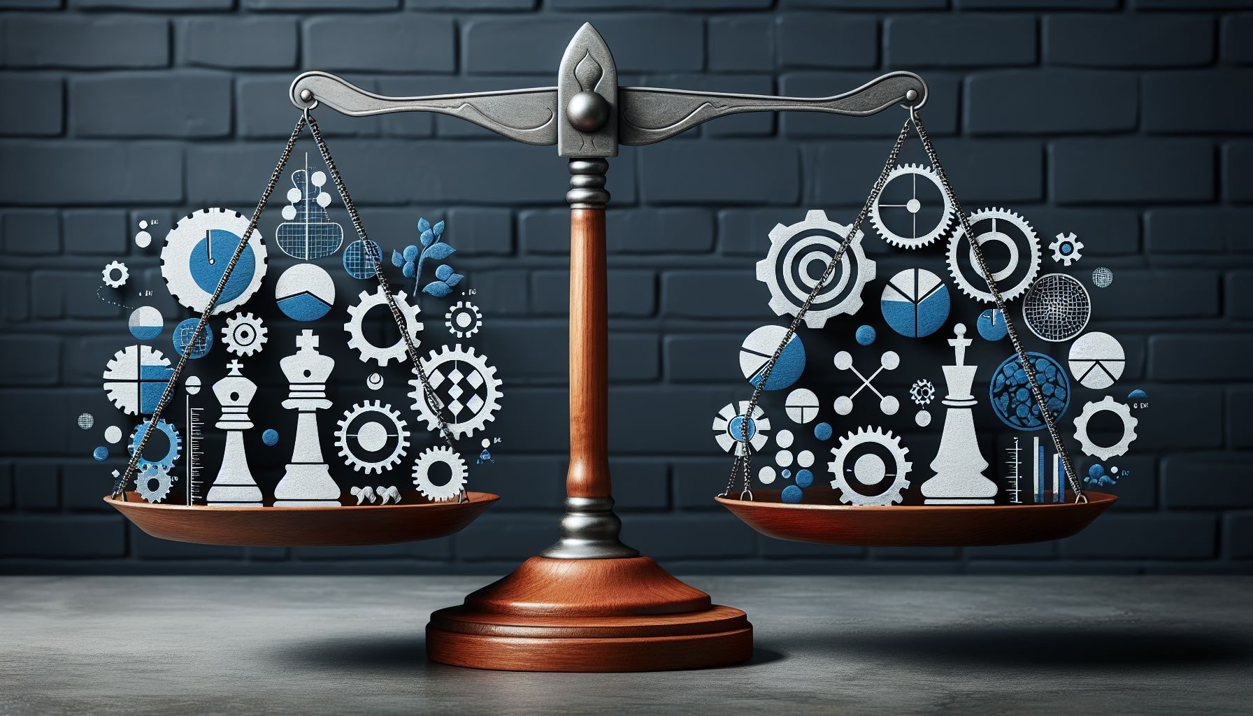 A conceptual image of balancing scales, with one side holding various elements such as gears denoting strategy, a chess piece representing competitor analysis, and cultural symbols for cultural aspects and the other side inferred as the Slovenian marketplace.