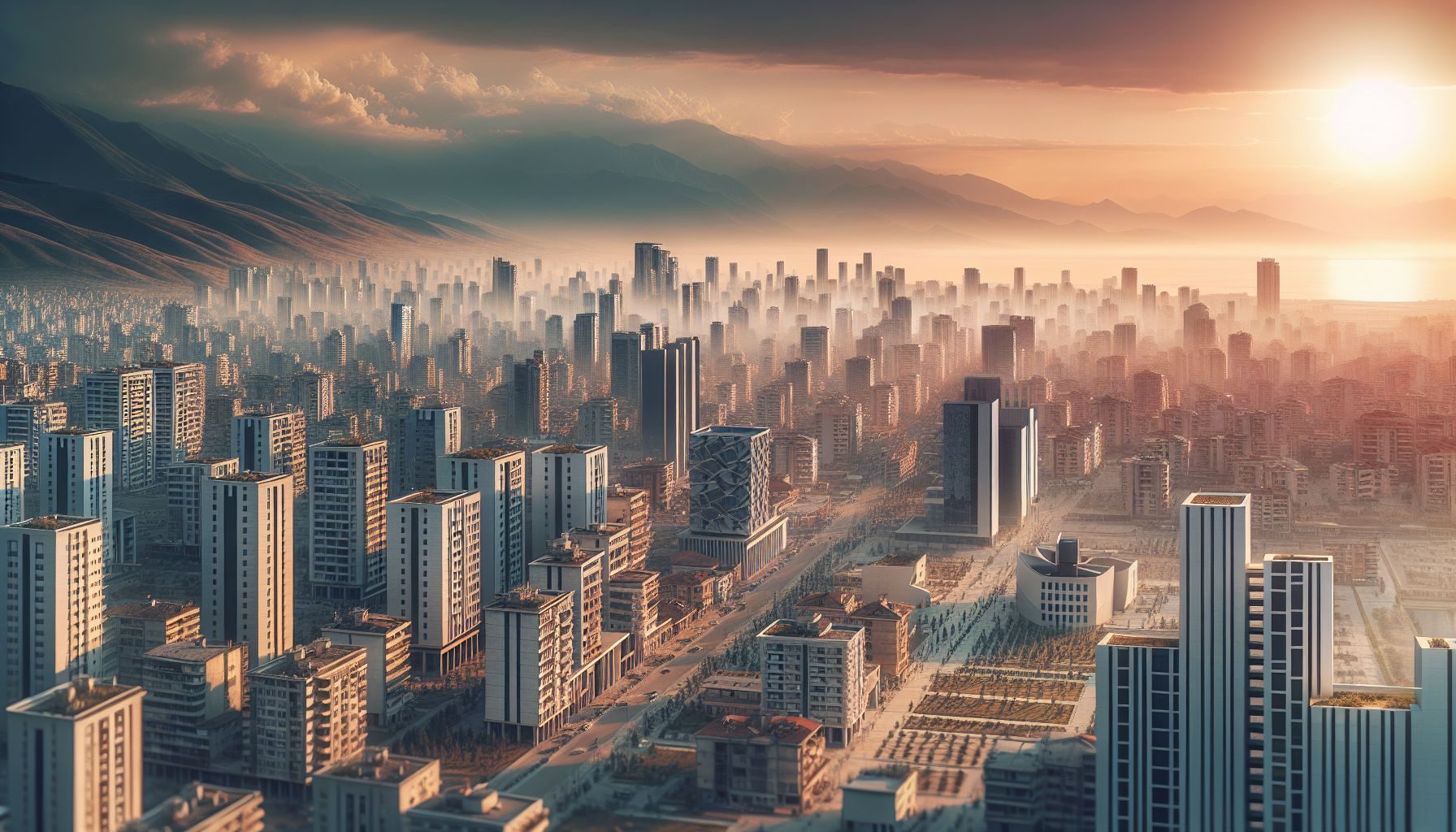 A panoramic view of a bustling city center in Albania filled with modern buildings symbolizing the surge in economic activity.