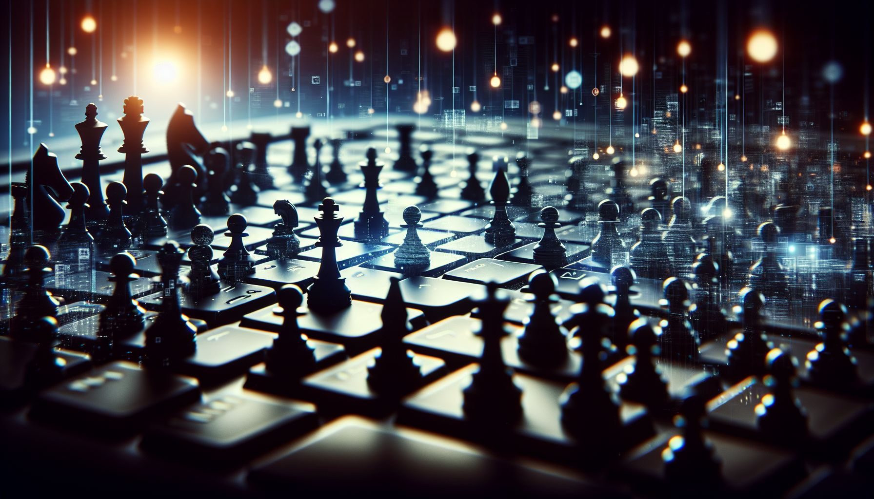 Une image symbolique représentant les défis de la gestion d'une plateforme numérique, comme un pseudo champ de bataille numérique - des pièces d'échecs éparpillées sur un clavier illustrant les manœuvres stratégiques que les entreprises doivent entreprendre.