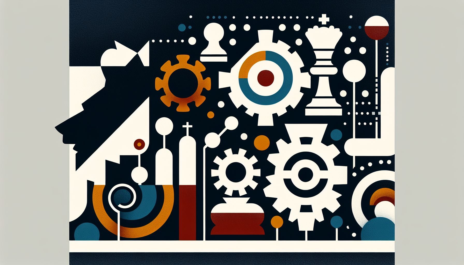 A concept of professional consultancy services represented with simple abstract forms, abstract symbols (like chess pieces on a game board - hinting at strategy, or gears - symbolizing operational optimization) integrated with the hint of Lithuania's colors or silhouette.