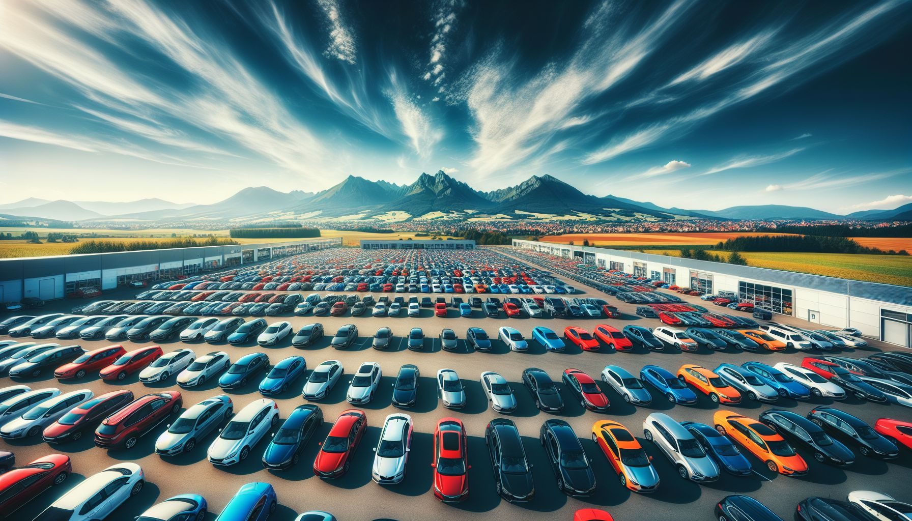 Un arreglo de varios tipos de autos de compañía estacionados ordenadamente en una fila en un concesionario de coches en Eslovaquia.