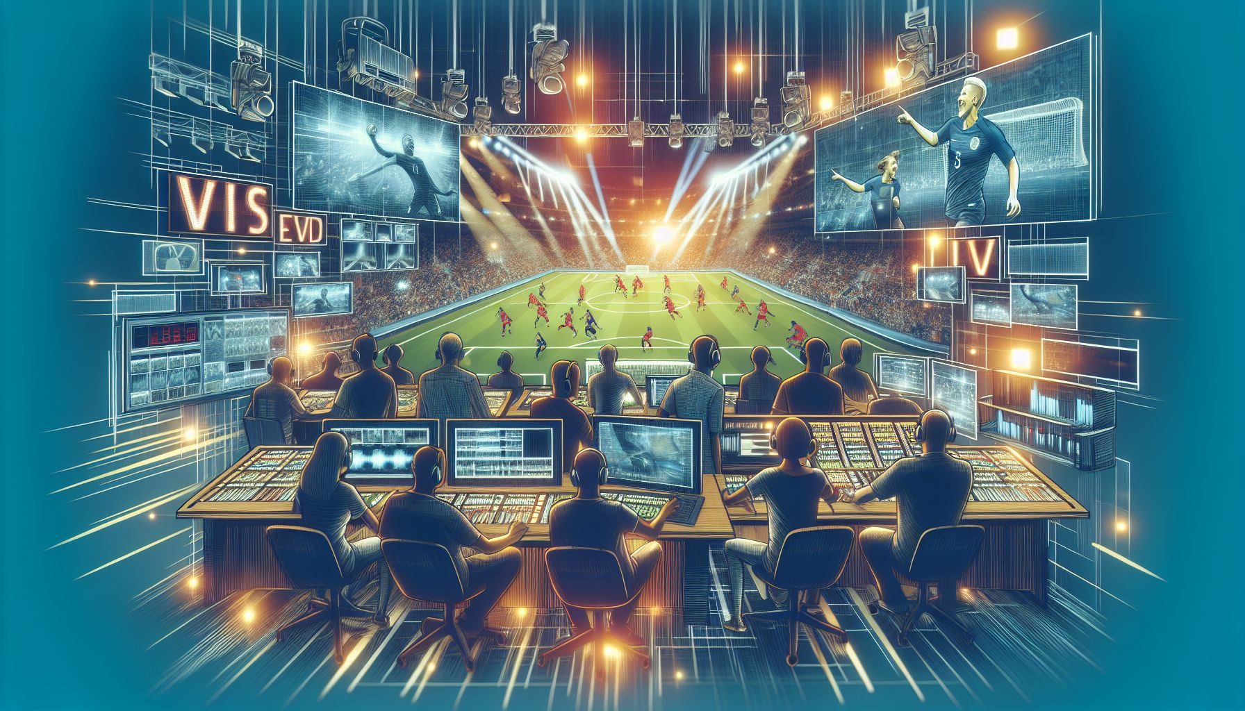 Behind-the-scenes image of a broadcast studio, possibly showing production staff coordinating live coverage of the UEFA Champions League.