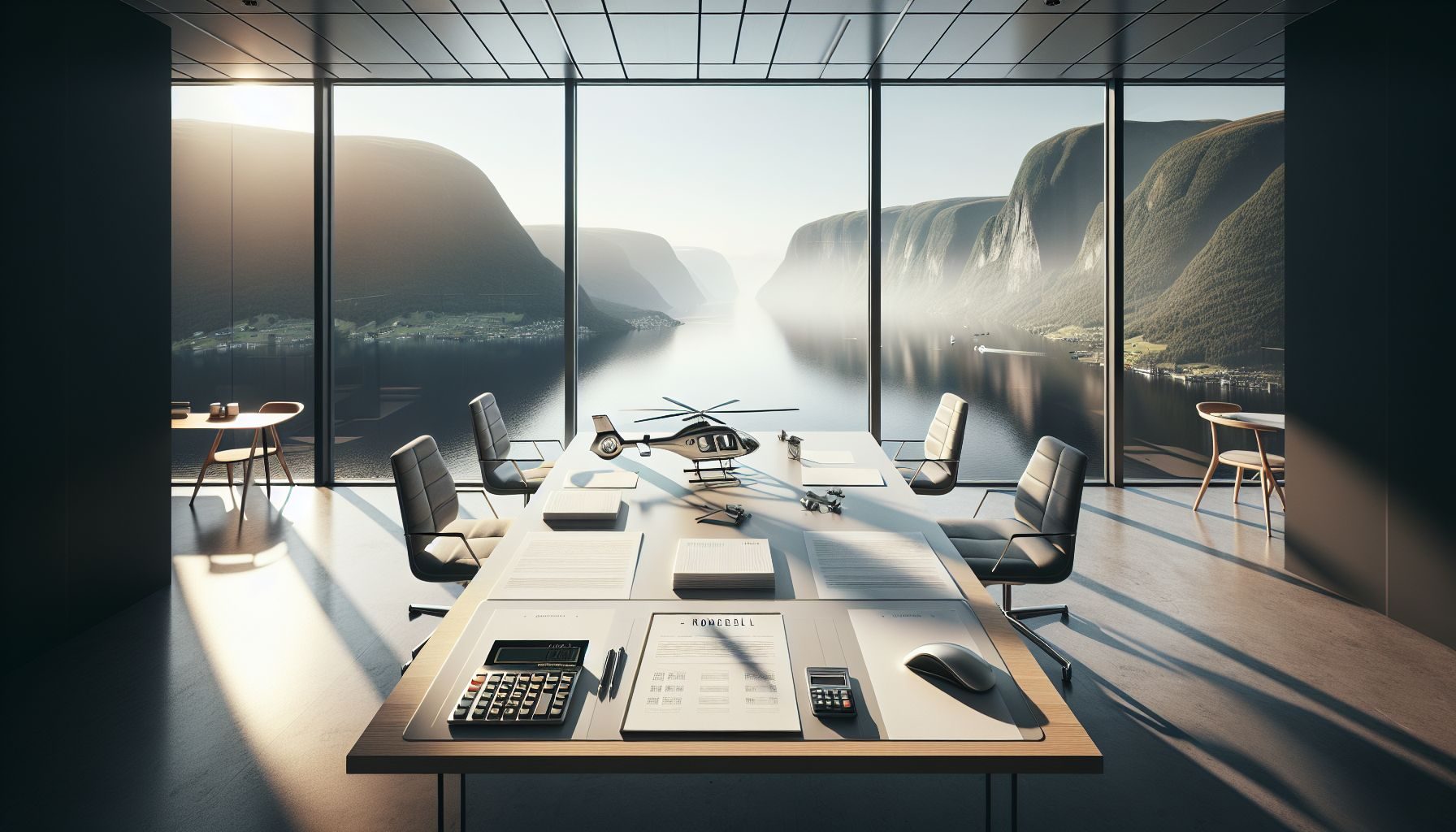 Ein Bild von einem Taschenrechner, einem Vertrag und einem Modellhubschrauber, das die Finanzierungs- und Versicherungsüberlegungen beim Kauf eines Hubschraubers in Norwegen symbolisiert.